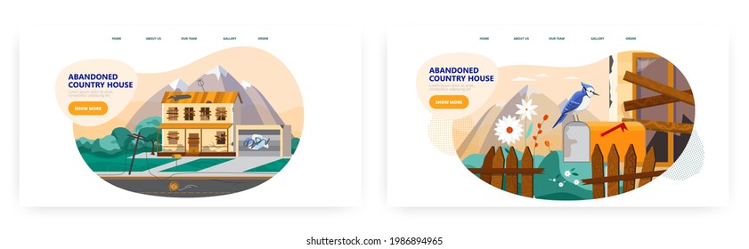 Abandoned country house landing page design, website banner vector template. Countryside building, boarded up windows