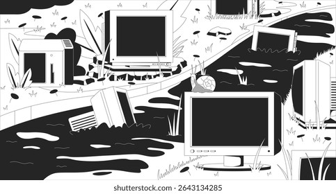 Abandoned CRT monitors in grassy stream lofi illustration outline. Nature reclaiming. Slow technology. Outdated computers swamp 2D ink linear flat lo fi drawing. Vector line art aesthetic wallpaper
