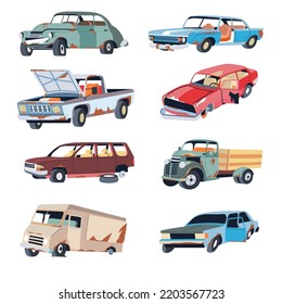 Abandoned and damaged cars, isolated automobiles with rust and broken engines. Vans and sports autos, outdated old vehicles. Accident or old fashioned models, dated set. Vector in flat style