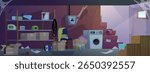 Abandoned dark basement room interior with cobwebs and scattered trash. Cartoon dirty storage home cellar with washing machine, old furniture and shelves with stuff. Vector flat illustration