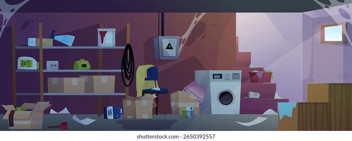Abandoned dark basement room interior with cobwebs and scattered trash. Cartoon dirty storage home cellar with washing machine, old furniture and shelves with stuff. Vector flat illustration