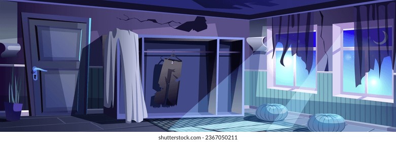 Abandoned dark room background banner in flat cartoon design. Night apartment interior poster with moonlight windows, curtain scraps, hole and cracks on dirty wall, old wardrobe. Vector illustration