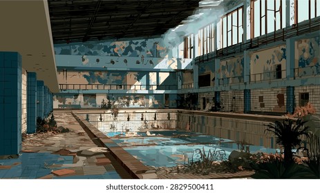 Abandoned Derelict Swimming Pool with Overgrown Plants and Sunlight