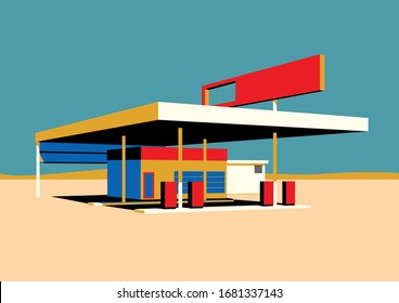 Abandoned Desert Gas Station Vector Illustration, Perspective View, Old Construction