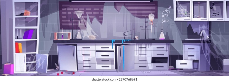 Abandoned and desolate destroyed science laboratory with broken glassware and furniture, garbage and cobwebs. Cartoon vector interior of closed dirty damaged chemical equipment and spilled liquid.