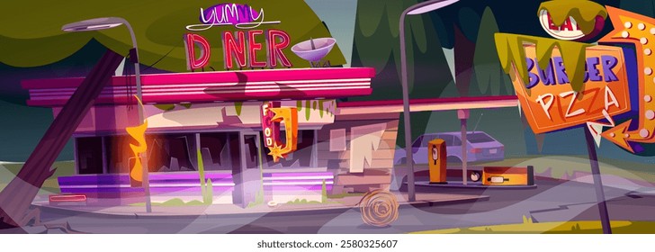 Abandoned destroyed cartoon diner cafe with ruined gas station - derelict building and broken signage with moss, tumbleweed near damaged restaurant exterior, crumbling structure, old car leftovers.