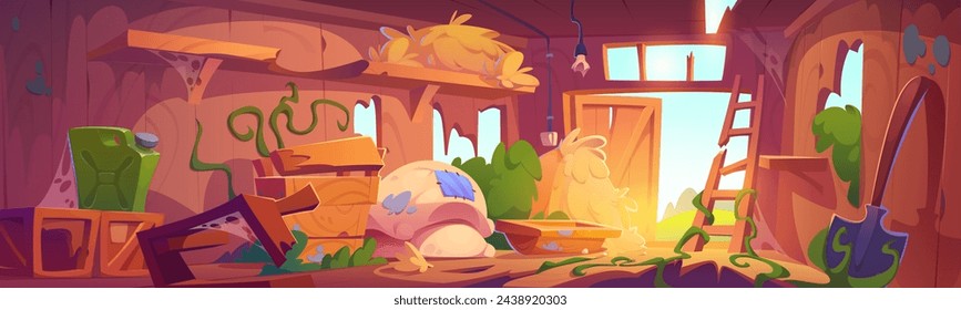 Abandoned destroyed farm barn inside with broken gardening tools, walls and door, haystack and sacks. Cartoon vector illustration of damaged old messy ranch shed indoor with garbage and cobweb.