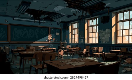 Abandoned Dilapidated Classroom with Sunlight and Broken Ceiling