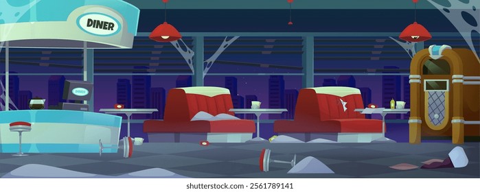 Abandoned diner cafe interior. Vector flat illustration of destroyed red sofa with table, bar counter, music machine, window with cityscape view. Vintage broken fast food restaurant, American old cafe