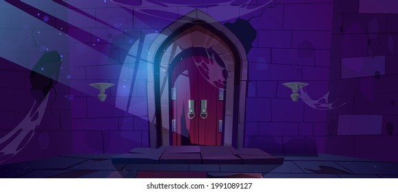 Abandoned dungeon, medieval castle night interior with moonlight fall on wood arched door and barred window shadow on cracked stone wall with spiderweb. Dilapidated palace Cartoon vector illustration