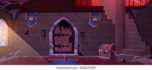 Abandoned dungeon in medieval castle. Vector cartoon illustration of room with torn flags, damaged wooden door, dust and cobweb on stone walls, treasure chest under old staircase, sunlight in window