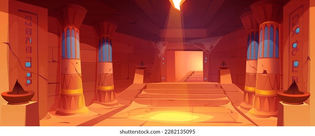 Abandoned Egypt corridor in castle with stairs cartoon vector background. Egyptian stone dungeon cave in palace with torch and staircase. Messy hallway in ancient museum with symmetry pillar. svg