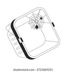 Cesta de la compra vacía abandonada con objeto de línea 2D de Web de araña. Spiderweb olvidó la compra. Elemento de contorno de tinta de Vector de Clipart aislado de contenedor de almacenamiento descuidado Cobweb. Ilustración de punto monocromo