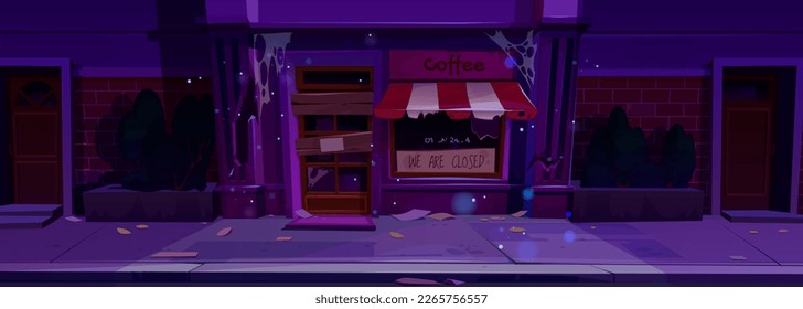 Fachada abandonada de un café cerrado por la noche. Dibujo vectorial de una cafetería en bancarrota exterior con telaraña, polvo en la pared, vidrios de ventana rotos, puerta cubierta. Distrito peligroso. Crisis comercial