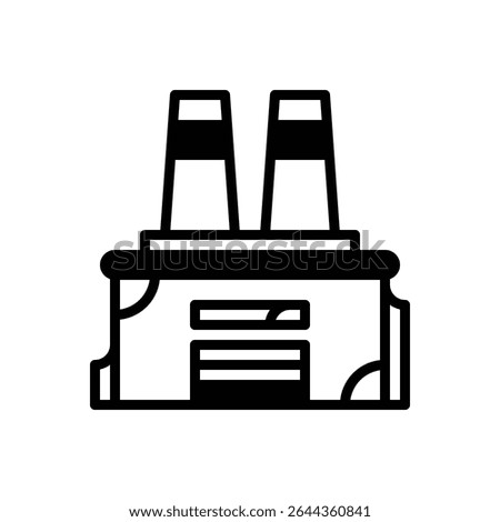 Abandoned factory. Outlined stroke vector icon with black-filled details.