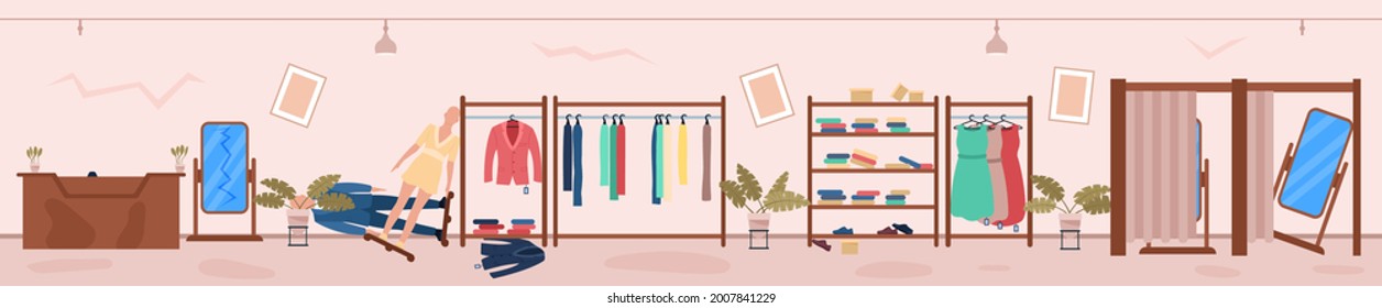 Abandoned fashion shop neglected messy interior. Hallway room of empty store, boutique or showroom with broken shelf, mirror, scattered clothing and mannequin, dusty floor vector illustration