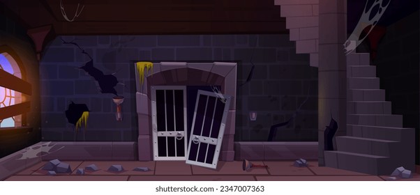 Abandoned game medieval castle prison dungeon cell background. Broken door and messy dark interior with stone on floor. Brick masonry wall with cage gate for punishment in tower scene illustration