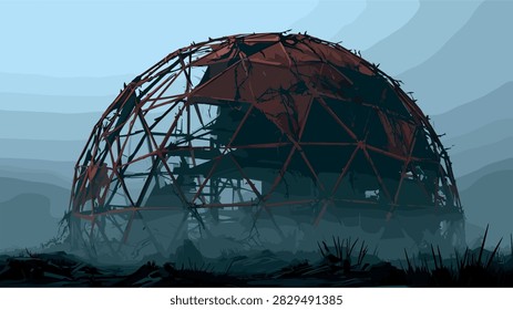Abandoned Geodesic Dome in Desolate Post-Apocalyptic Landscape