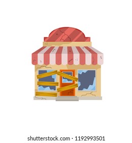 Abandoned grocery shopping building. Windows and doors boarded up. Financial crisis. Business failed. Broken glass. Problems with the store.
