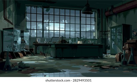 Abandoned Grungy Industrial Laboratory Interior with Broken Equipment