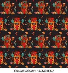 Abandoned haunted house on halloween night. Cute print for halloween products.  Seamless pattern.