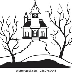 Abandoned Haunted House on a Hill with Gloomy Trees Vector Illustration