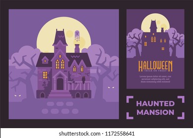 Abandoned Haunted Mansion Flat Illustration. Creepy Halloween House Silhouette Greeting Card.