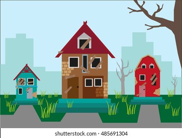 Abandoned homes in a suburb. Editable Clip Art.