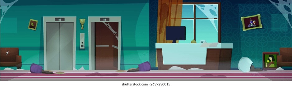 Abandoned hotel, house or company lobby and damaged reception or concierge desk. Damaged lift elevators, paintings, armchair and potted plants vector flat illustration. Dirty hall, scattered garbage