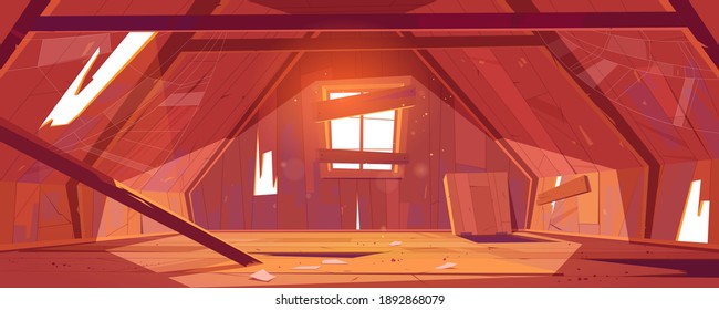 Abandoned house attic interior, empty old mansard room, spacious place with holes and spider web on roof with beams, wood floor, boarded up window, architecture, dwelling. Cartoon vector illustration