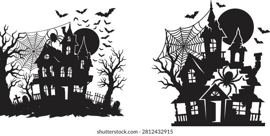 abandoned house, bare trees, bats, black and white, castle, celebration, creepy, creepy landscape, creepy trees, dark, dark fantasy, design element, eerie, fence, flying bats, gothic architecture, gothic house, gothic style, graphic, graveyard, halloween, halloween graphic, haunted building, haunted house, haunted illustration, 