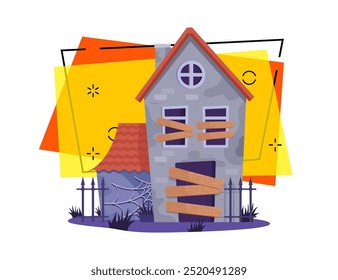 Casa abandonada com embutida ilustração de vetor de janelas no fundo abstrato. Design de banner de Halloween. Fantasma, magia, conceito de feriado. Pode ser usado para cartaz ou convite