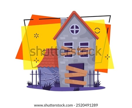 Abandoned house with boarded up windows vector illustration on abstract background. Halloween banner design. Ghost, magic, holiday concept. Can be used for poster or invitation
