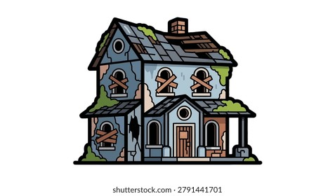 Abandoned house with broken windows and moss