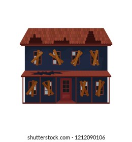 Abandoned house with destroyed roof and boarded-up windows. Old big building. Architecture theme. Flat vector design