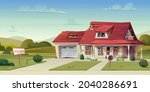 Abandoned house, empty broken cottage, real estate countryside building exterior. Two storey dwelling place with garage