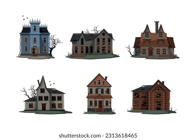 Abandoned House Facade with Open Empty Windows Vector Set