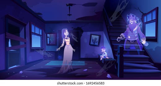 Abandoned house hall with ghosts walking in darkness. Scary corridor with doors, stairs and window. Old interior with moonlight falling on floor, halloween spooky scene. Cartoon vector illustration