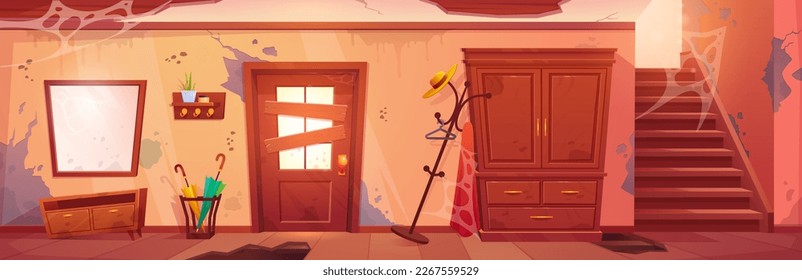 Abandoned house hallway interior. Vector cartoon illustration of messy room with spider web and cracks on boarded door, mirror, furniture, ceiling, walls, stairs. Nobody home. Spooky building inside
