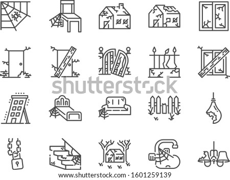 Abandoned house line icon set. Included icons as shabby, old, broken, damaged, scary, dilapidated and more.