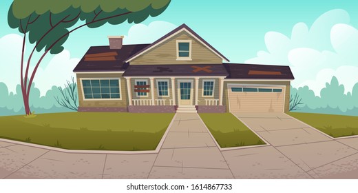 Abandoned house, old residential suburban cottage with boarded up window, hole on roof. Real estate countryside building exterior. Single storey dwelling place with garage. Cartoon vector illustration