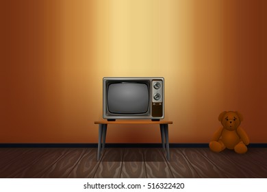 Abandoned house. Old-fashioned TV with old Teddy bear toy in the darkness room. Vintage black and white television set.