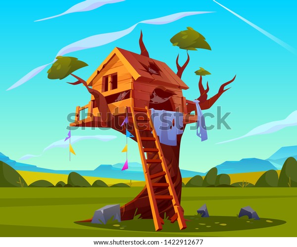 木の上に捨てられた家 空の怖い子どもの遊び場 木のはしごを壊した古い木の家 美しい夏の風景の背景に屋根にクモの巣のある穴 漫画のベクターイラスト のベクター画像素材 ロイヤリティフリー