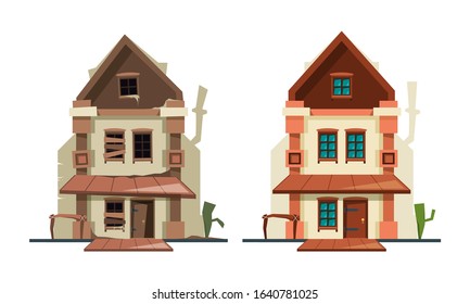 Abandoned House. Repair Old Building Exterior Of Cottage Fixing Architectural Object New House Vector Flat Pictures