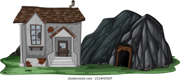 An abandoned house with a rock cave on white background illustration