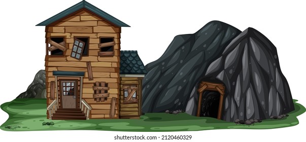 An abandoned house with a rock cave on white background illustration