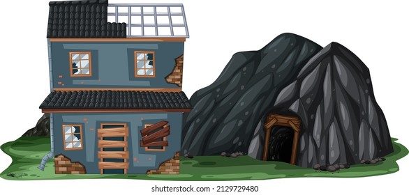 An abandoned house with a rock cave on white background illustration