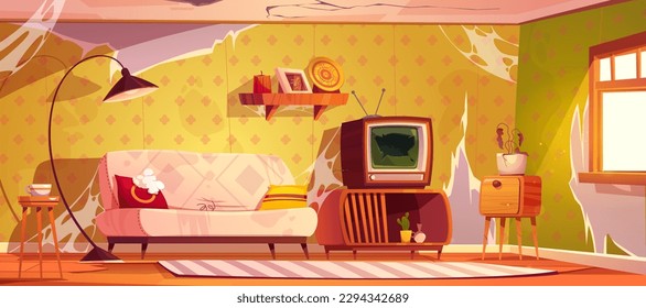 Abandoned house room with broken sofa and tv glass on floor cartoon vector background. Torn old wallpaper and spider web indoor apartment. Vintage living room with carpet and dead plant from 1950s.