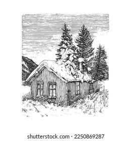 Abandoned house in winter, hand drawn sketch, rural landscape vector illustration in engraving style