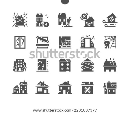 Abandoned houses. Building in disrepair. Broken windows. Roof in disrepair. Vector Solid Icons. Simple Pictogram